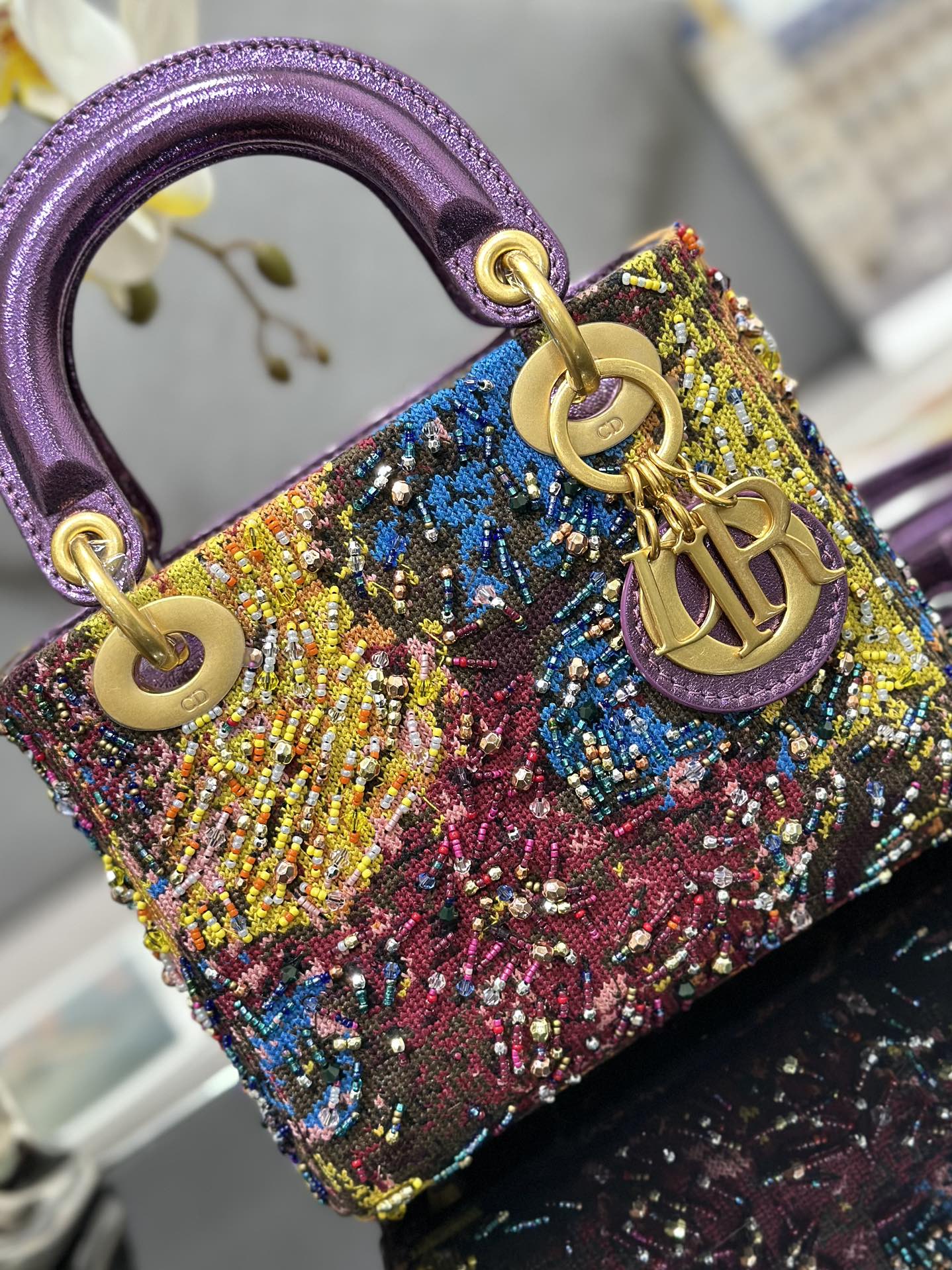 Mini Lady Dior Bag Purple Calfskin Embroidered with Paint Beads